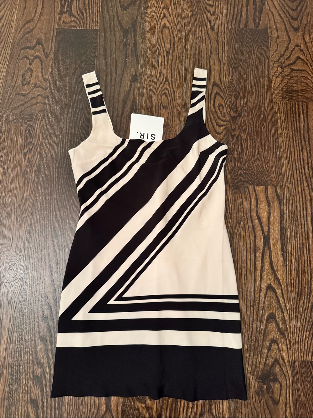 SIR the label Black and Cream Geometric Striped Pierre Mini Dress